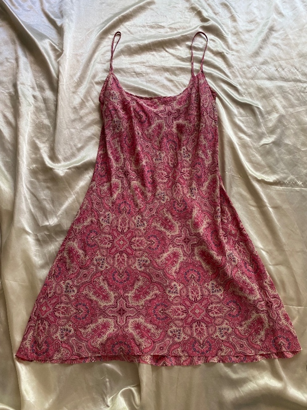 Vintage y2k 100% Silk Pink Paisley Mini Dress Summer Fairy Boho *READ* Size 8